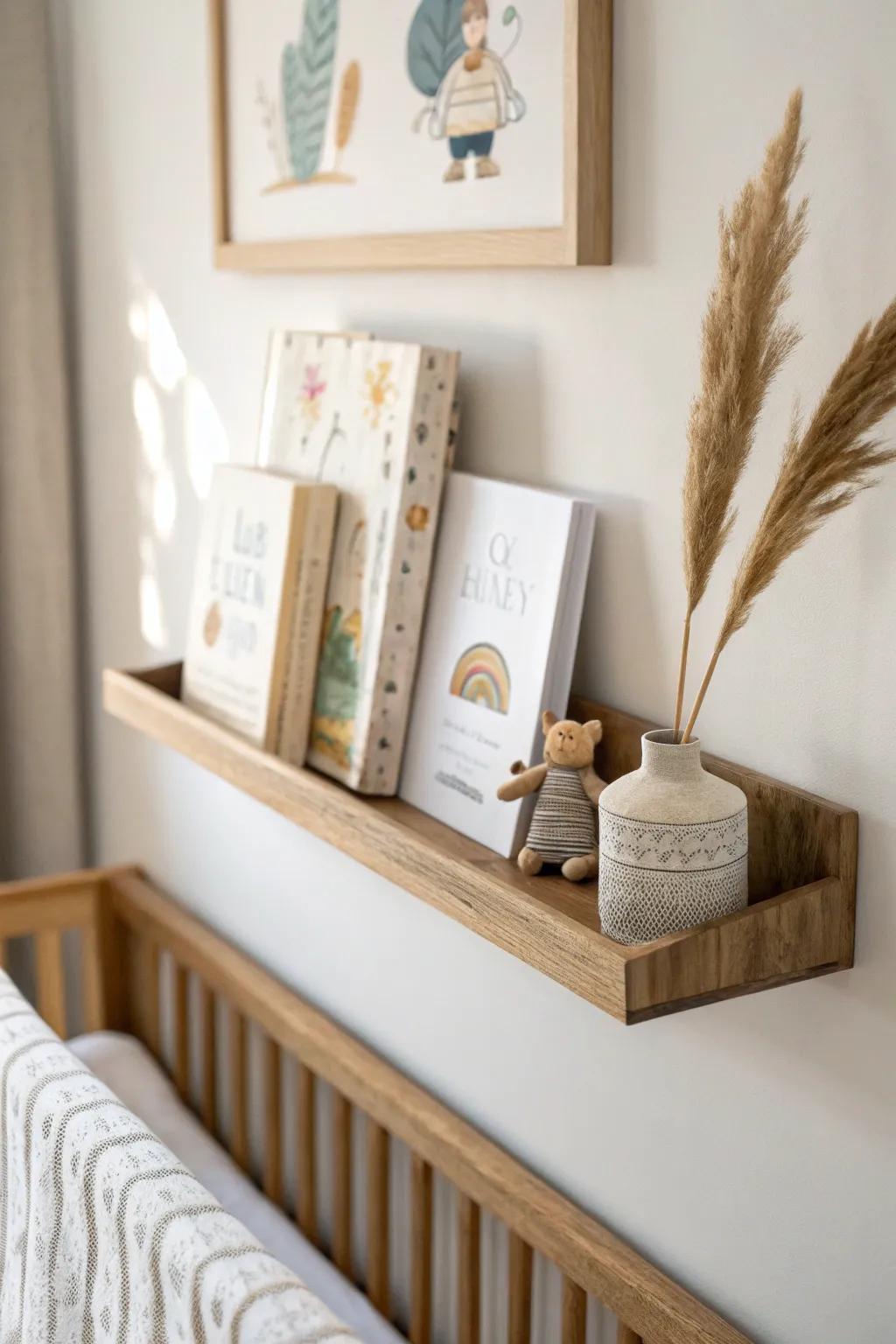 A simple oak picture ledge keeps board books tidy—and makes rotating favorites effortless.