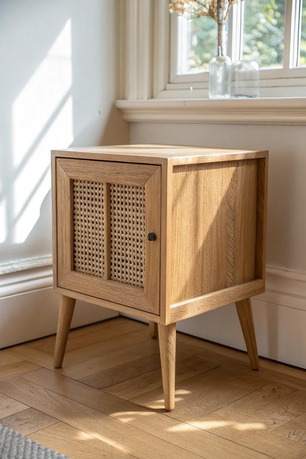 Light oak nursery side table with cane texture—warm, airy, and perfect for hiding tech.
