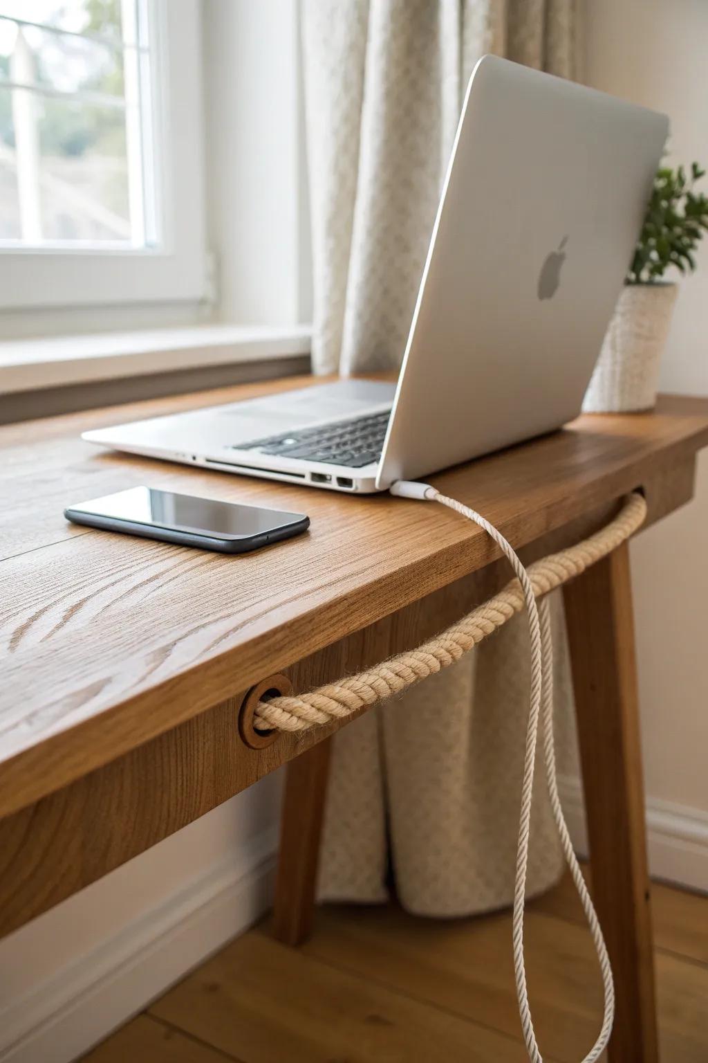 A stained wood cable trough that hides cords beautifully—clean, calm, and handcrafted.