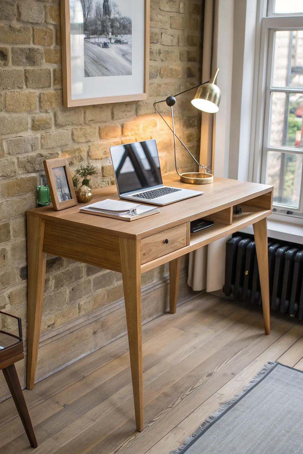 A clean oak desk with hidden cable channel and cord hatch—no more spaghetti mess.