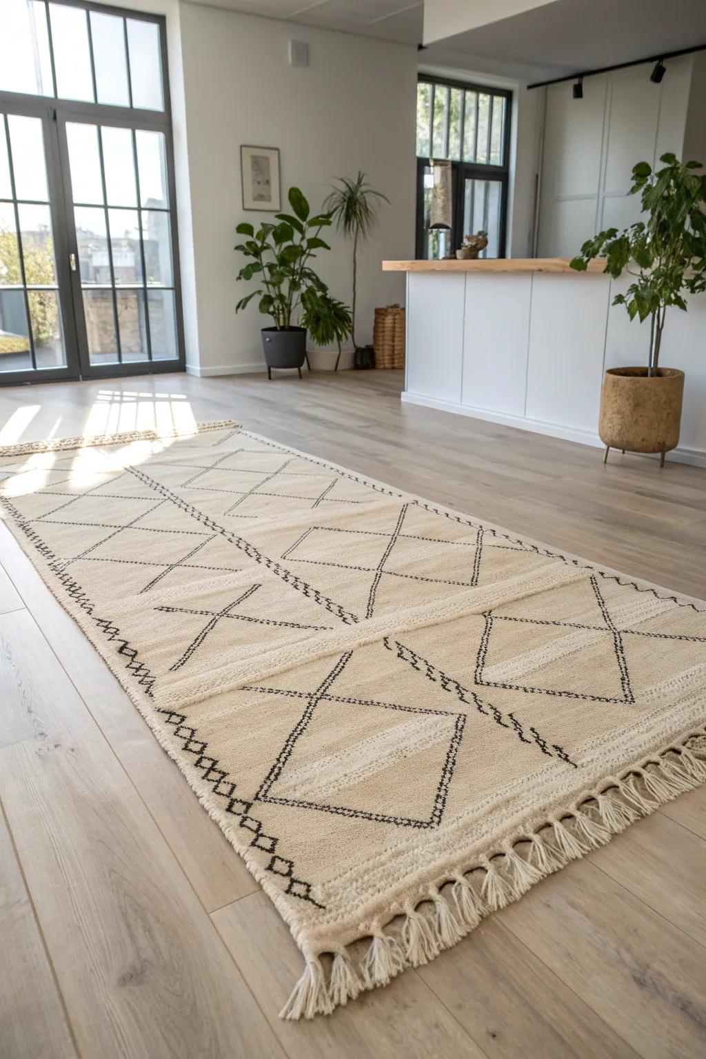 Center a large woven rug on oak floors to quietly zone the lobby lounge and add warmth.