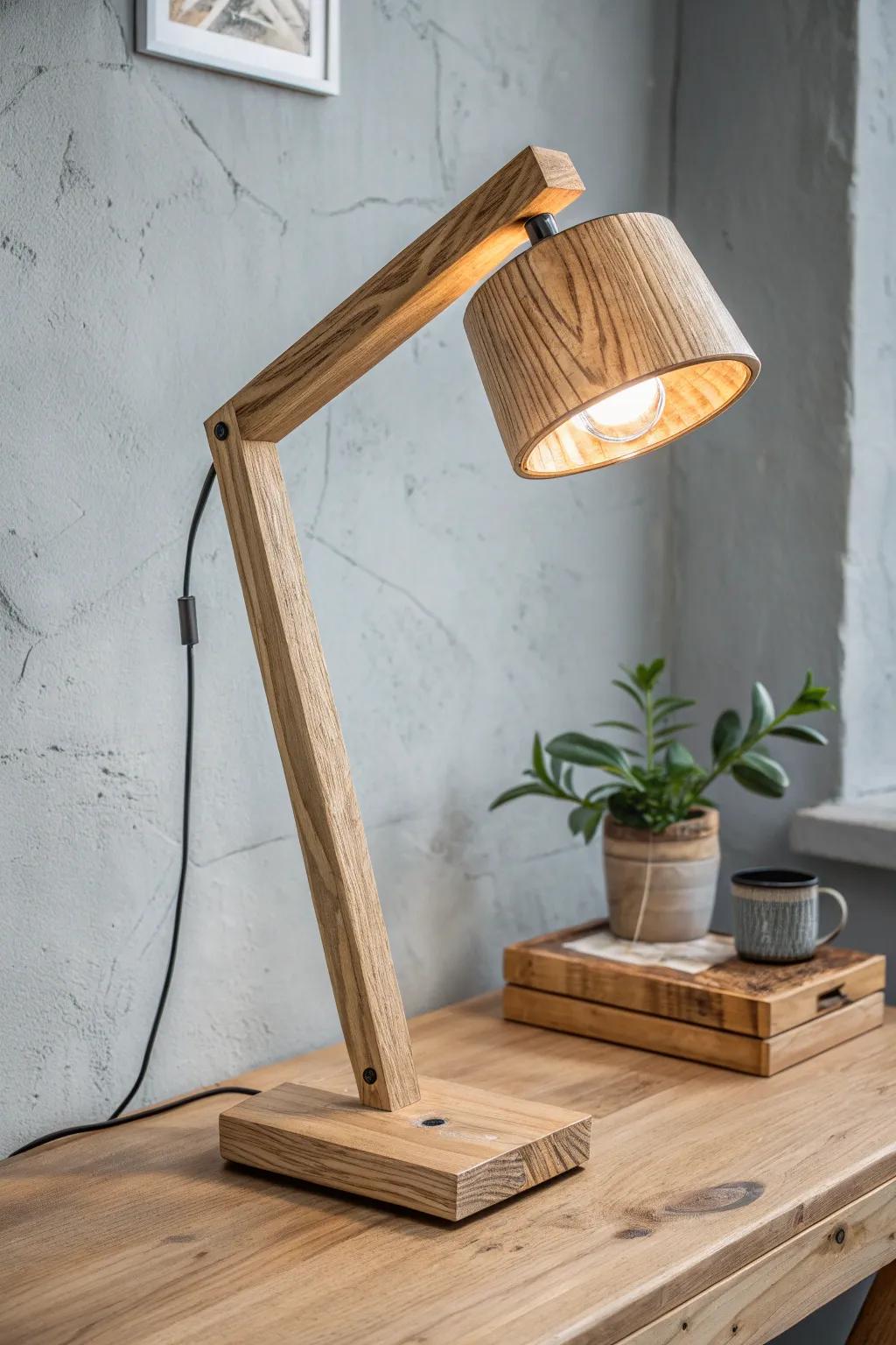 Layer your lighting: a warm oak task lamp adds focus and cozy ambient glow to your office.
