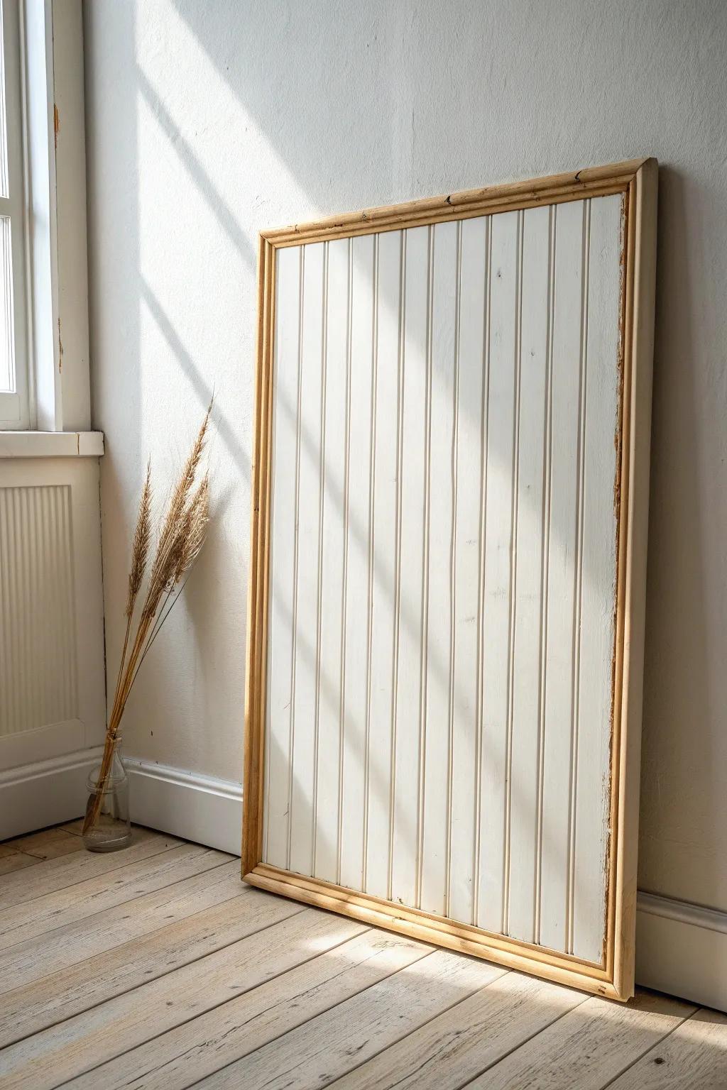 Creamy beadboard + simple oak trim: the easiest farmhouse wall upgrade with timeless texture.