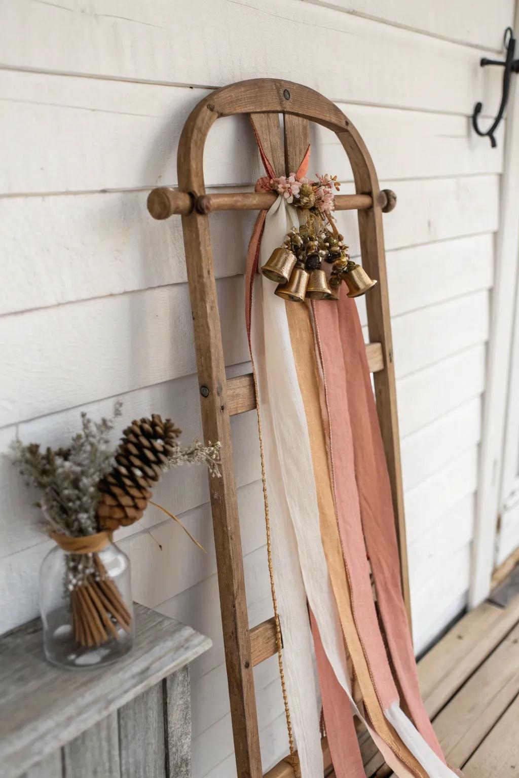 Vintage wooden sled with brass jingle bells and flowing ribbons for nostalgic entryway charm