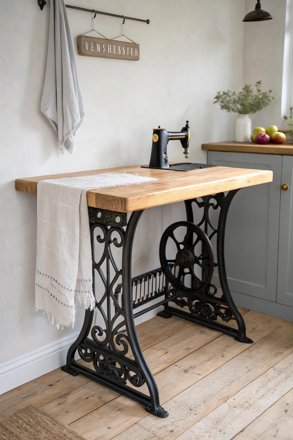 Old sewing machine base meets butcher-block top— a chic kitchen island prep table with charm.