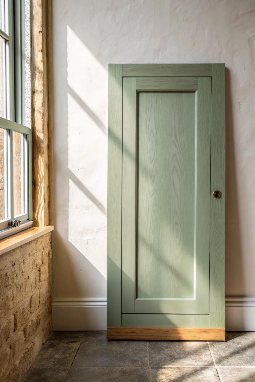 Sun-faded smoky green meets warm oak—an old-world cabinet color that feels grounded.