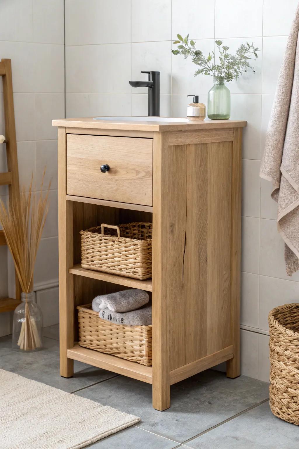 Drawer-top, open-bottom cabinet: tidy essentials up top, baskets below—minimal and warm.