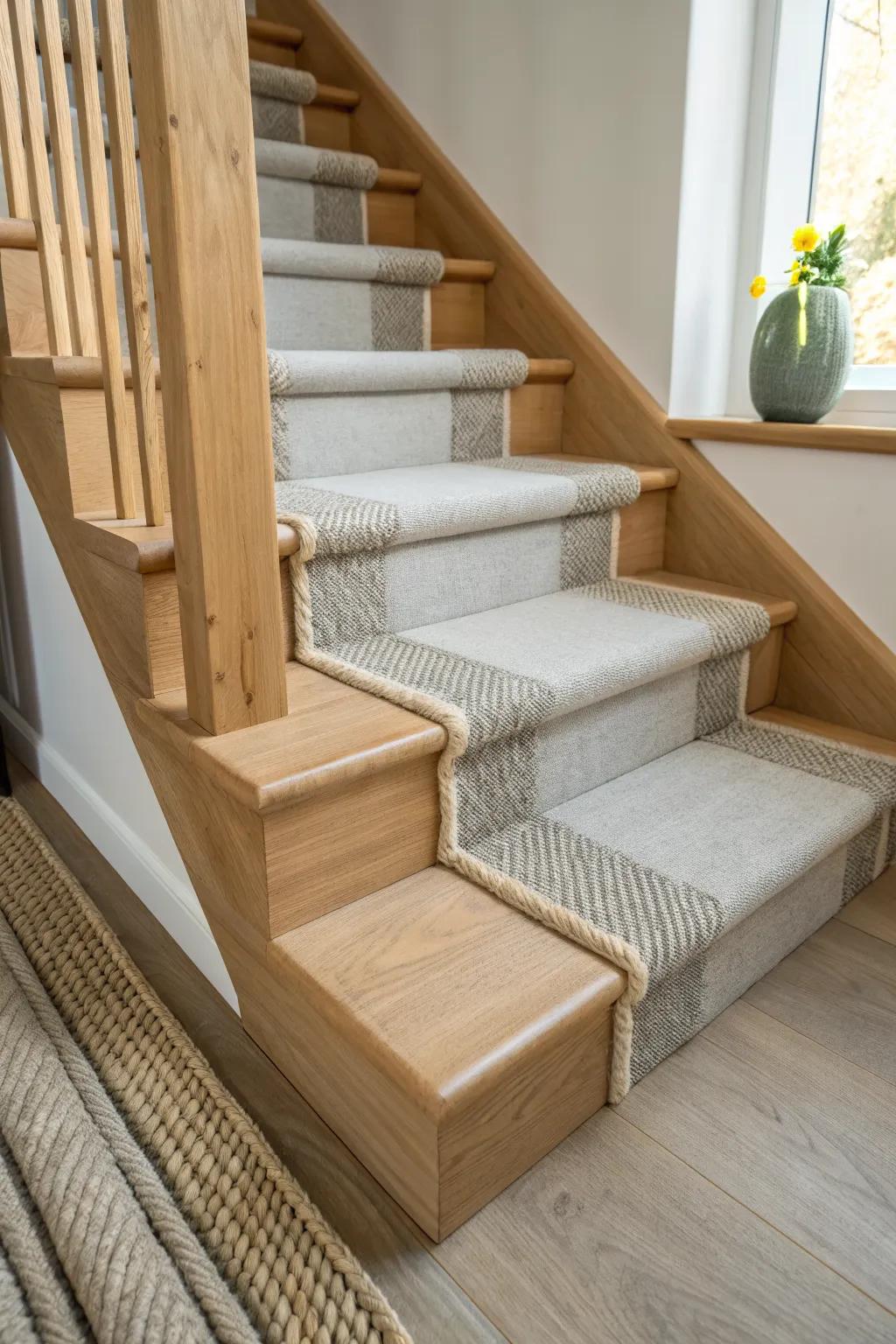 Soft gray speckled carpet tread on pale oak—clean contrast that hides sawdust and dog hair.