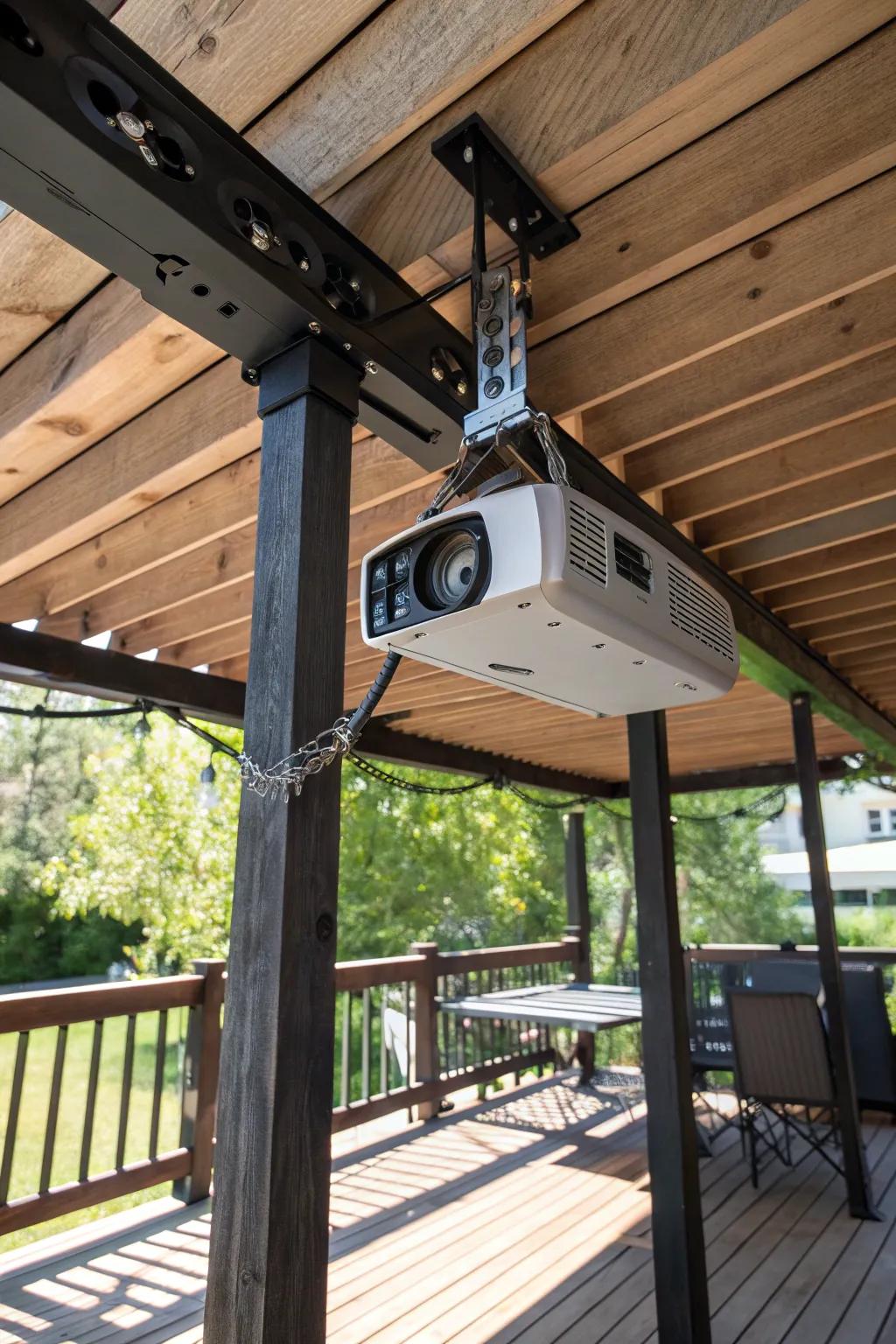 Perfectly hidden and expertly crafted: an under-deck projector mount solution for stylish outdoor viewing.