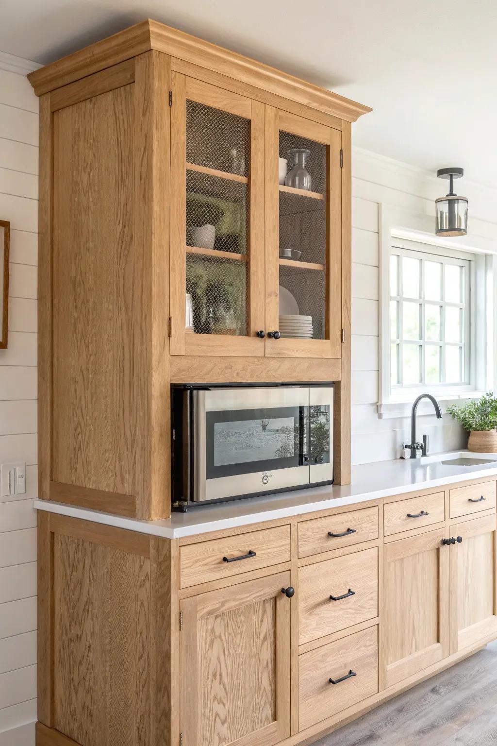 Soffit-friendly bump-up cabinet: a clean oak hack that lets your microwave breathe.