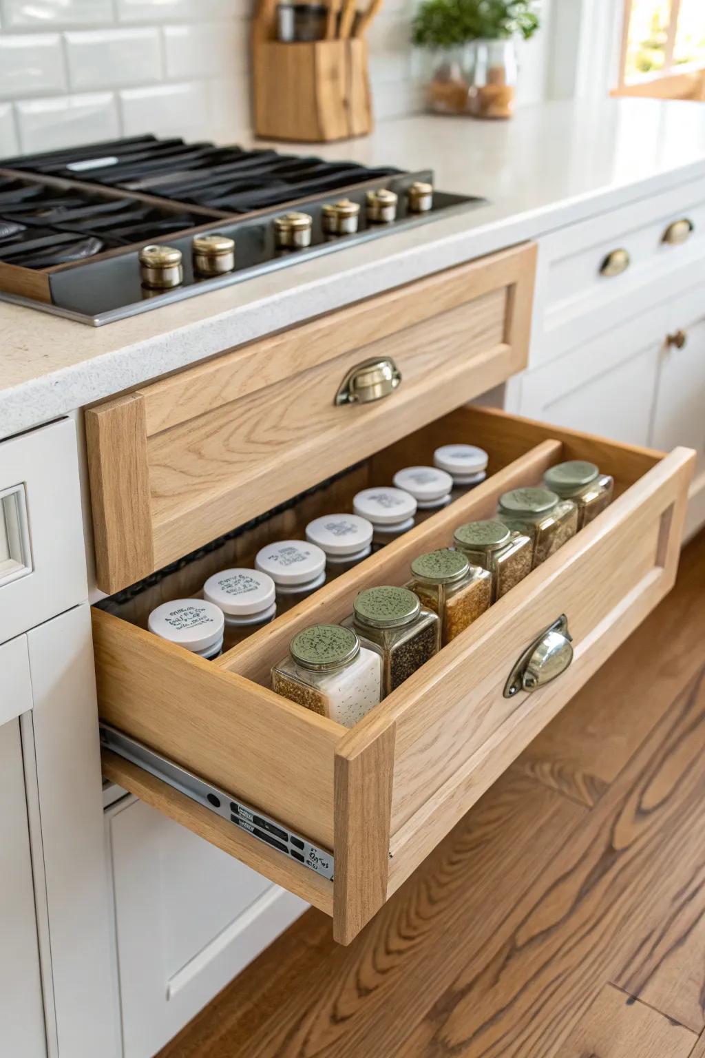 A slim pull-out spice rack in the over-stove cabinet—organized, beautiful, and easy to grab.