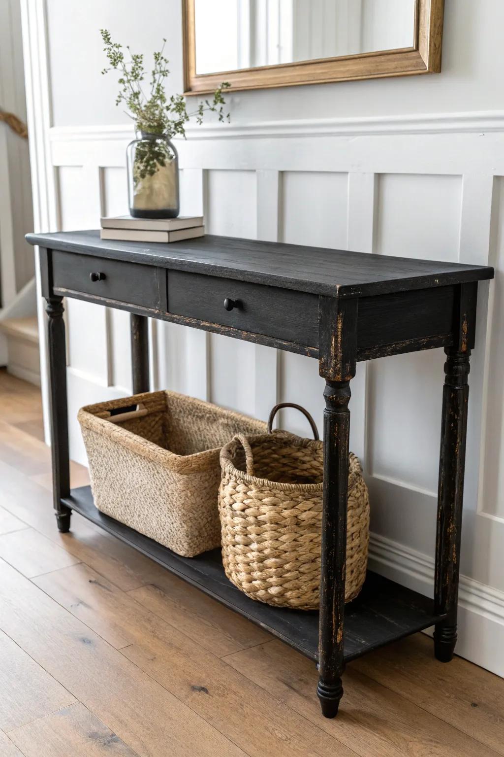 Matte black console table with woven basket storage—modern, minimal, and clutter-hiding.