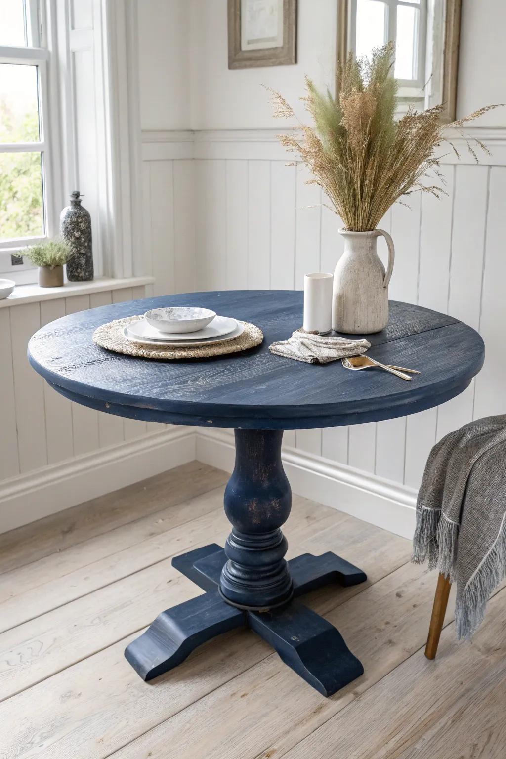 Navy blue pedestal table: a rich, grown-up statement that elevates everyday dining.
