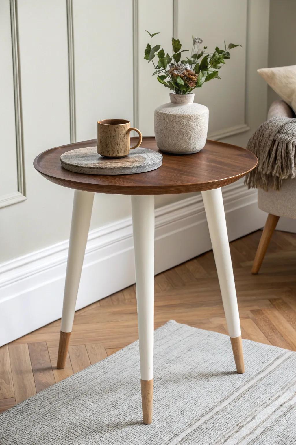 Two-tone end table makeover: painted base + stained wood top for an intentional, elevated look.