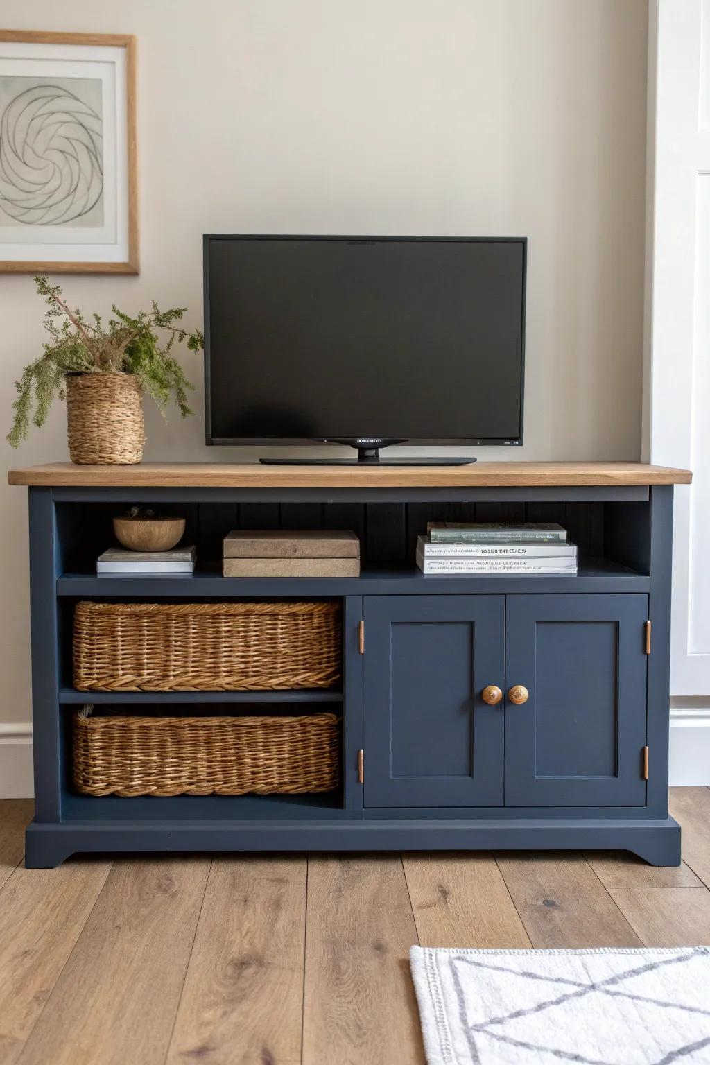 Moody navy cabinetry adds cozy depth—warm woven baskets bring the perfect wood-toned contrast.