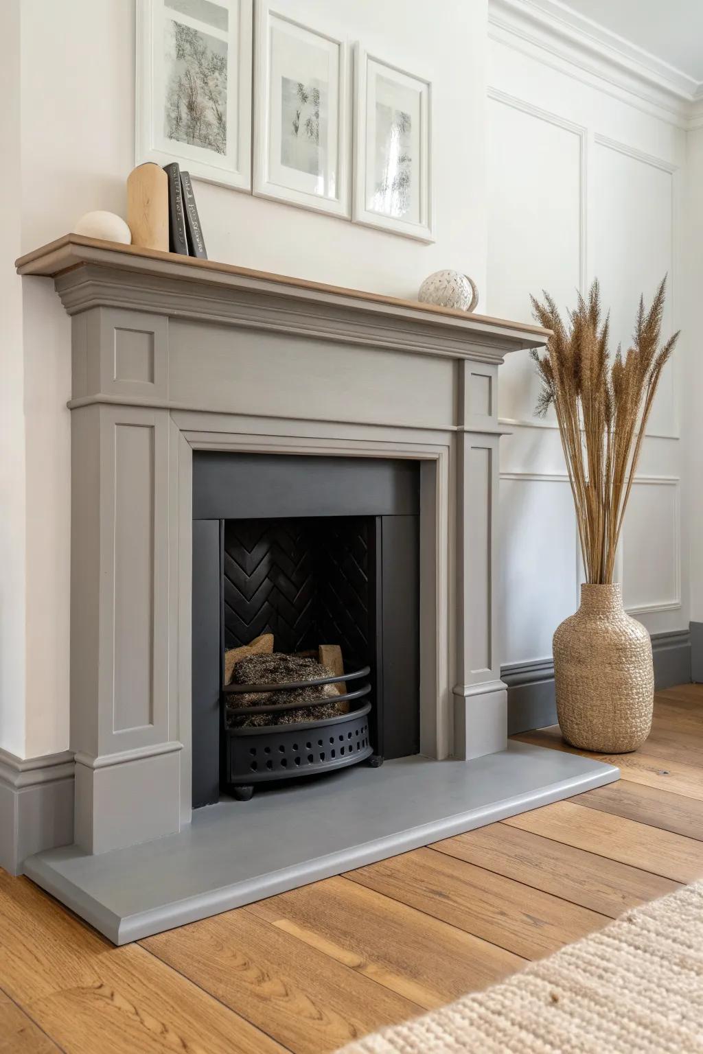 Greige fireplace surround: the calm bridge between warm oak floors and cooler wall tones.