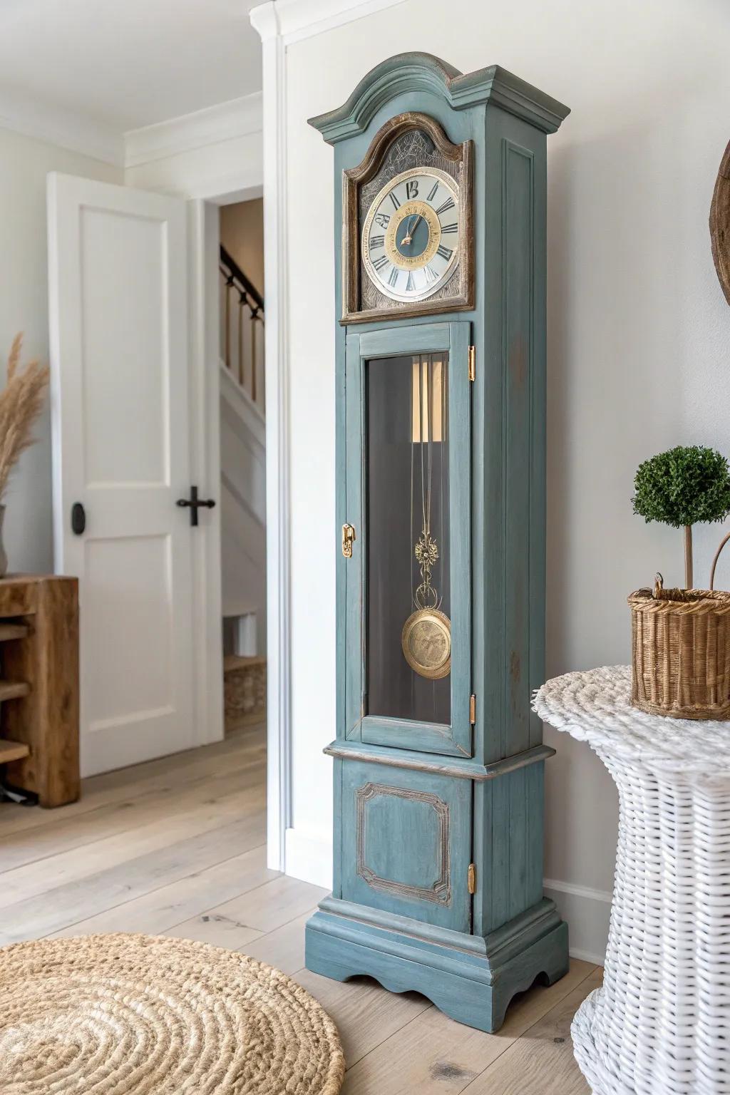 Dusty blue paint turns a classic grandfather clock into a calm, coastal statement piece.