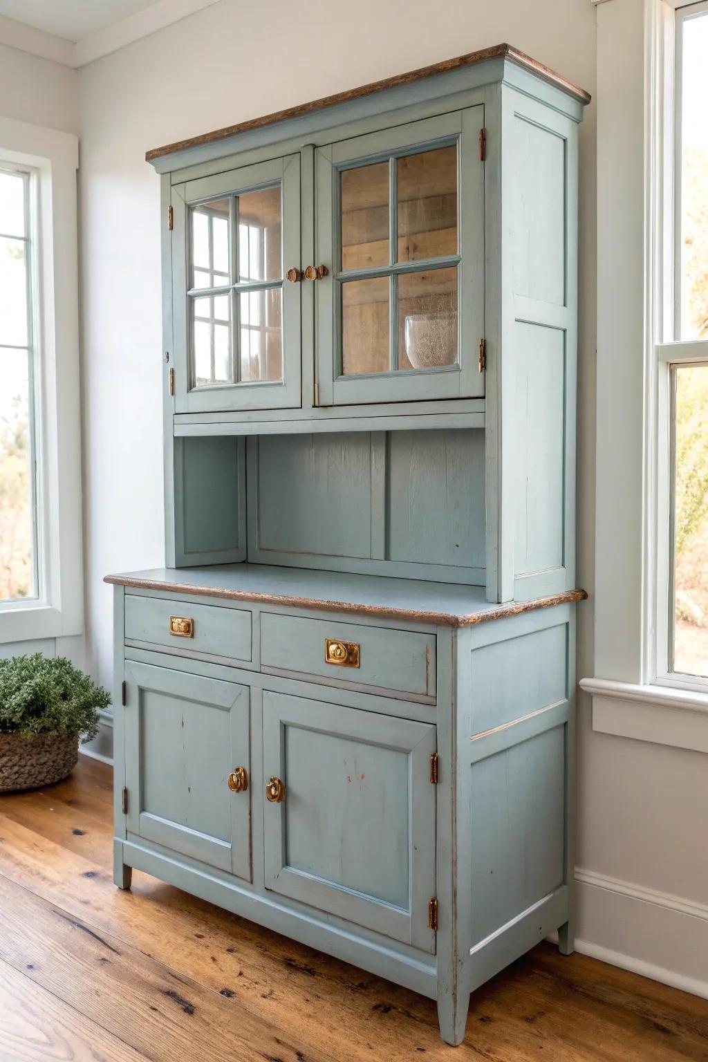 Muted dusty-blue Hoosier cabinet with softly distressed edges for timeless antique charm.
