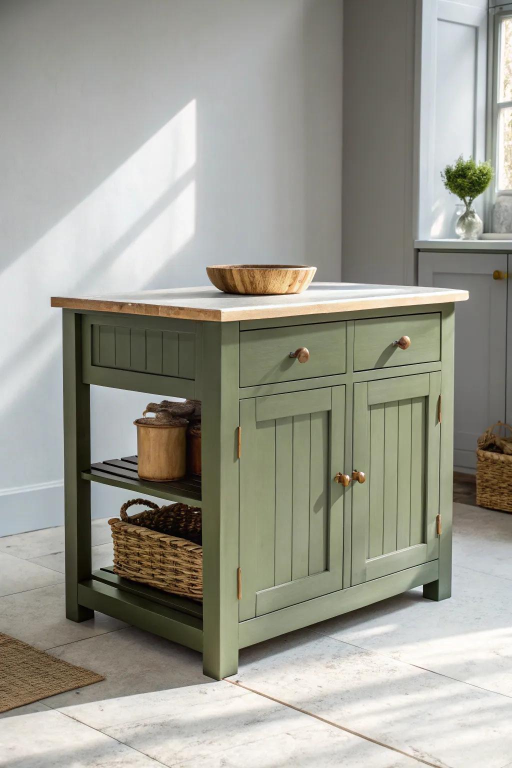 Matte olive green island adds instant warmth and depth to cool white-and-gray kitchens.