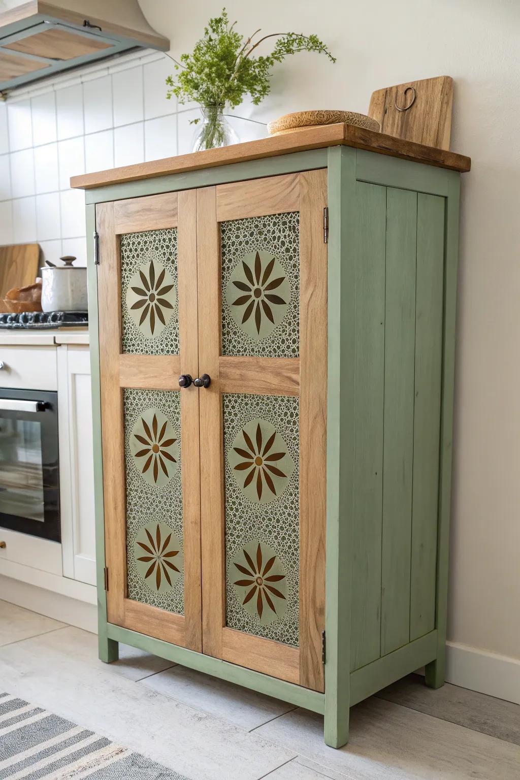 Two-tone pie safe doors: painted frames with raw tin panels to spotlight the ventilation pattern.