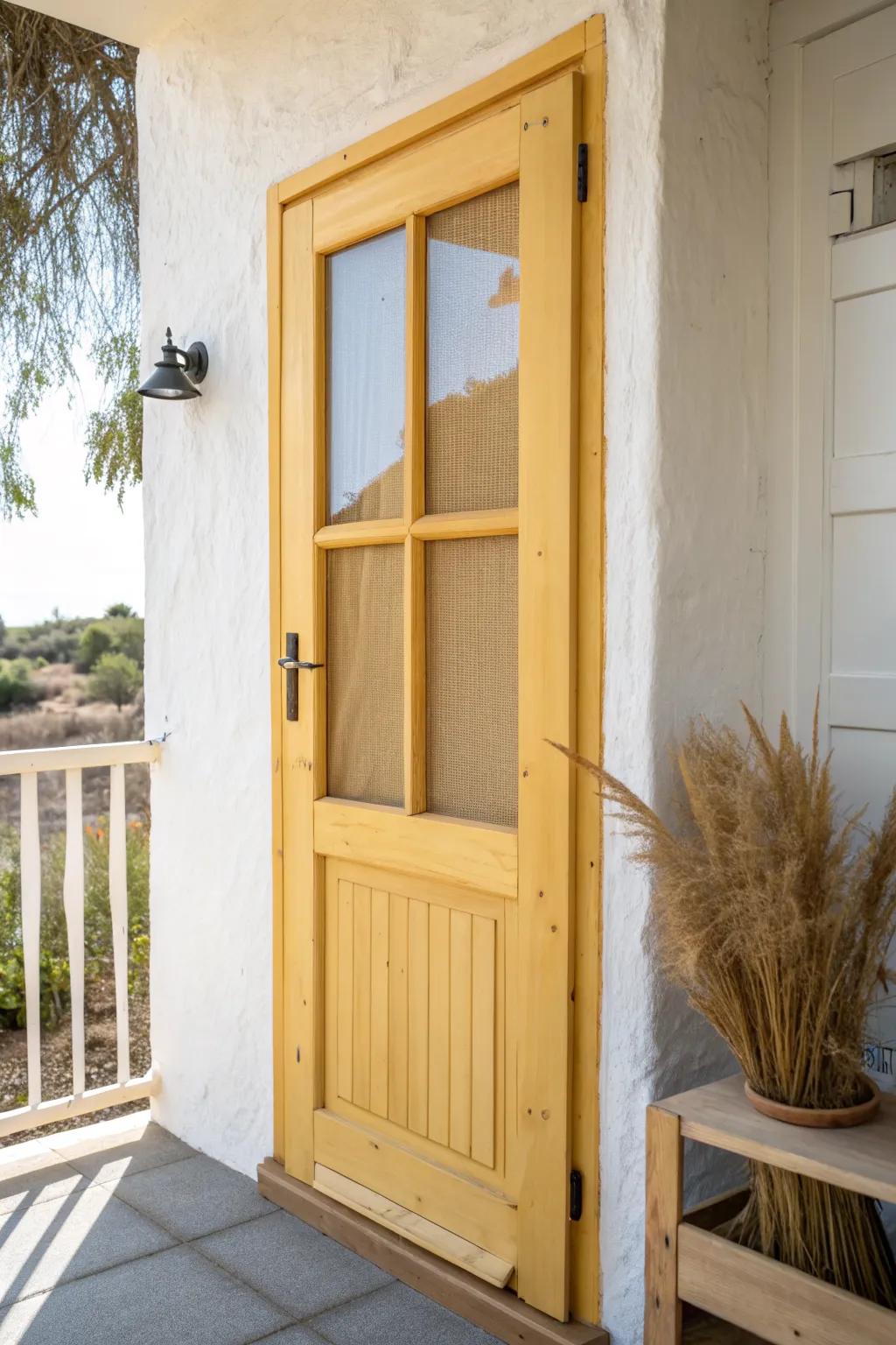 Sunny creamy yellow makes a simple screen door feel custom—and brightens any porch instantly.