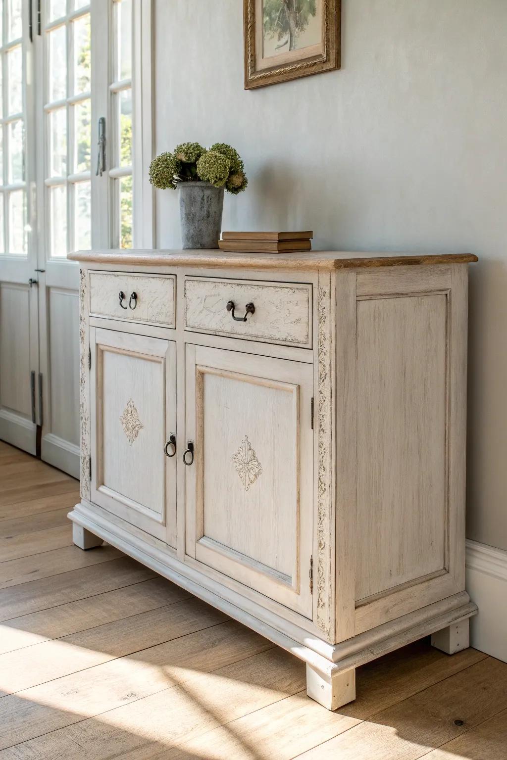 Lightly distressed painted sideboard: soft patina and crisp edges for timeless vintage charm.