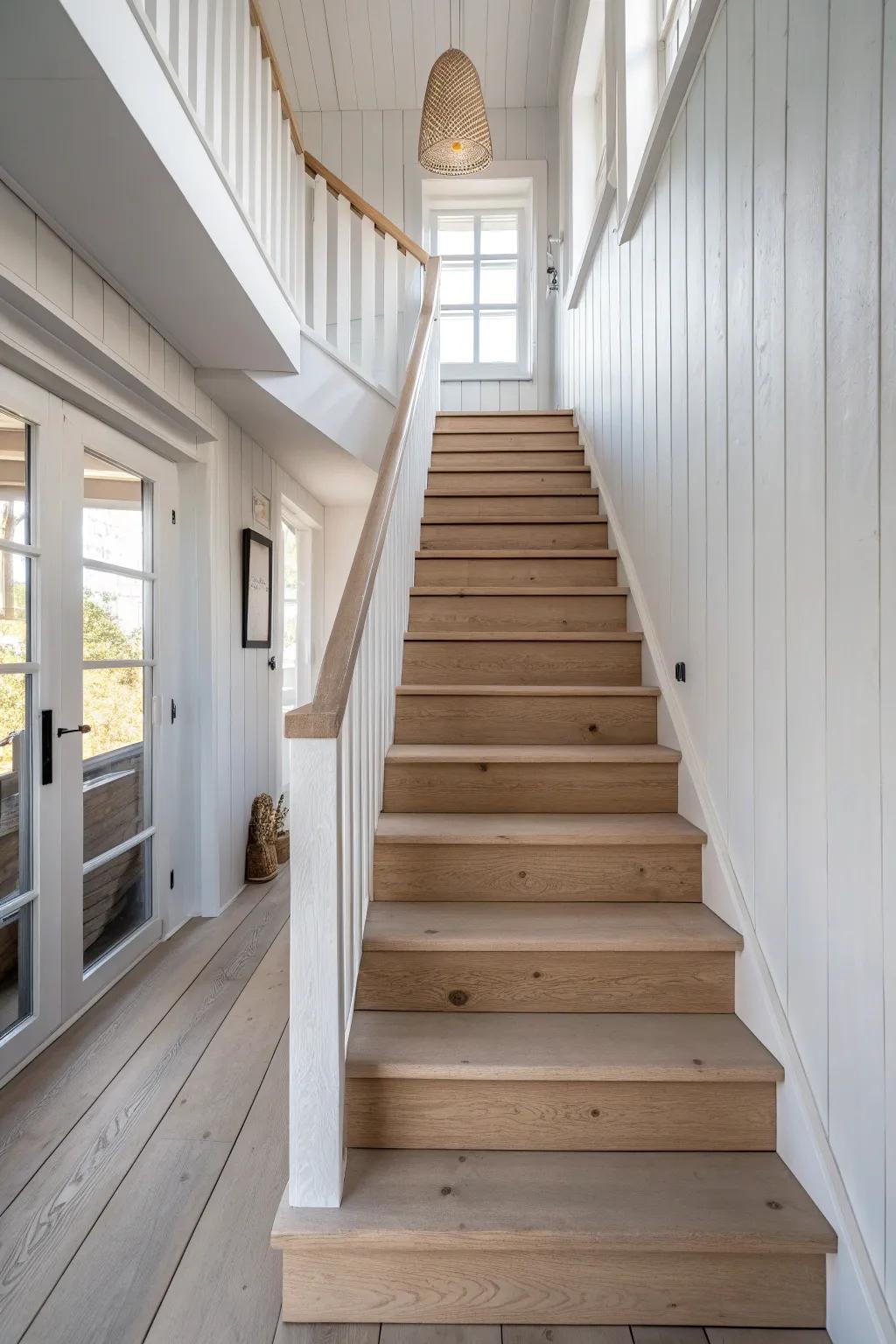 Monochrome-painted stairs create a sleek architectural block—simple lines, soft boho calm.