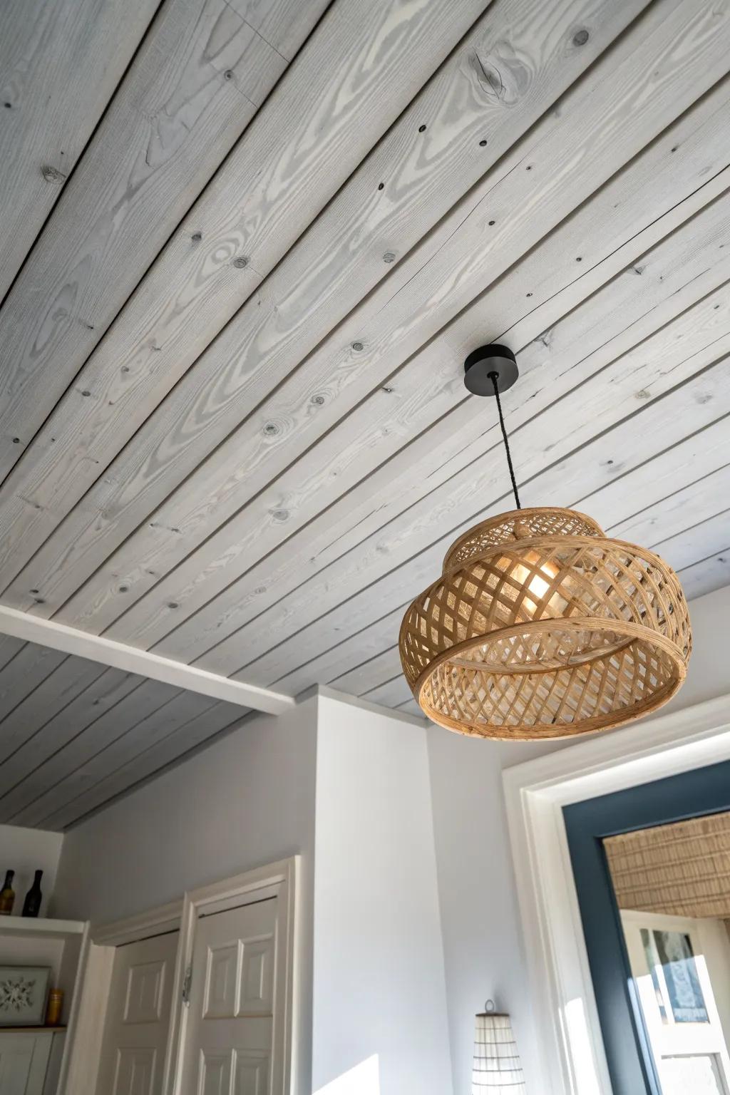 Pale gray painted planks brighten a low wood ceiling while softening knots and age marks.