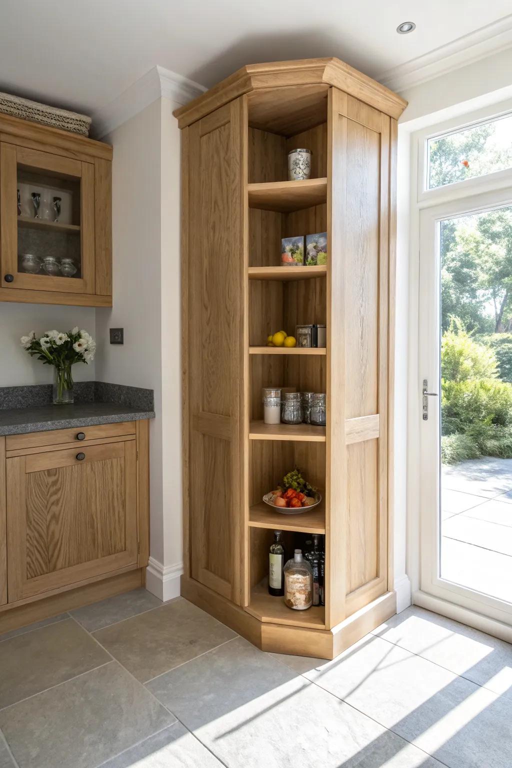 Make every pantry corner count with sleek wraparound shelves in warm oak and clean Scandinavian lines.