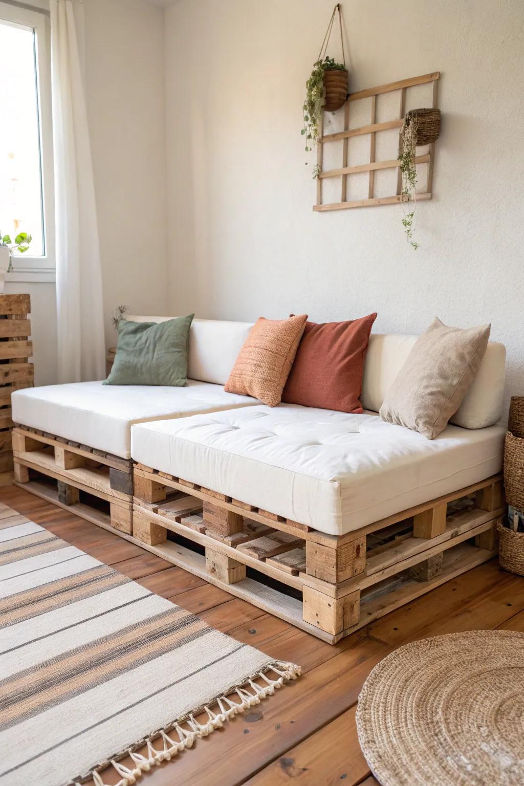 Budget-friendly pallet sectional seating—modular, smooth-sanded, and ready for a cozy party lounge.
