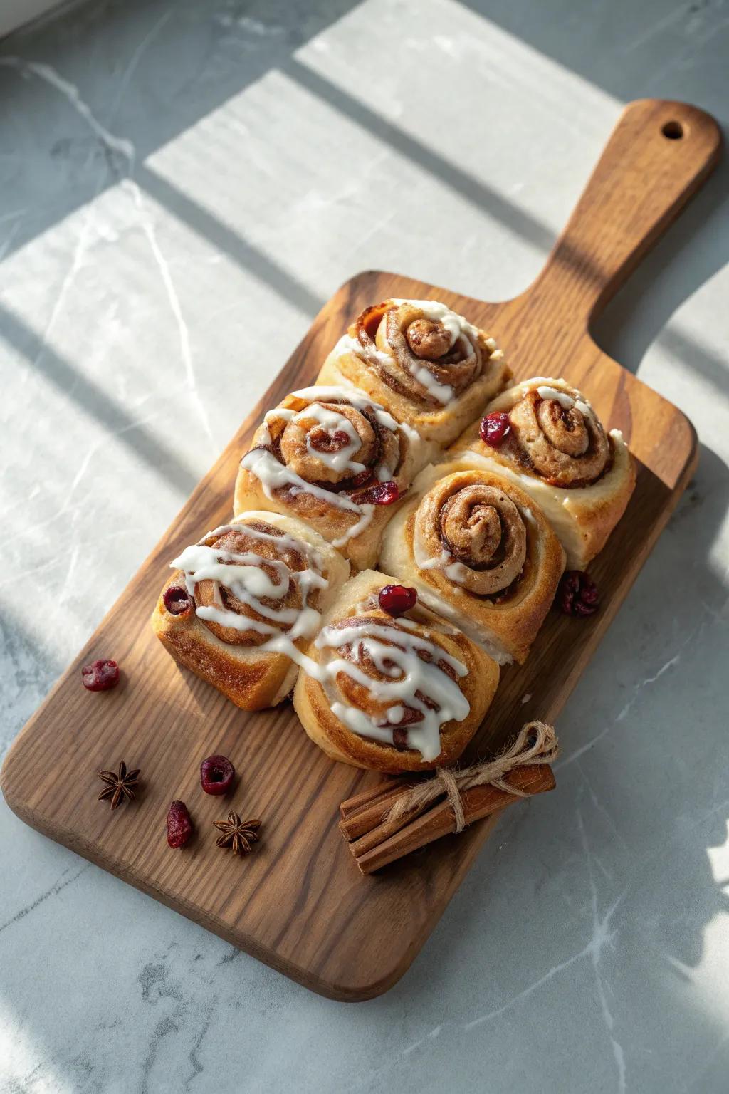 Cinnamon roll pull-apart board on warm wood—spiral, crunchy nuts, cozy morning vibes.