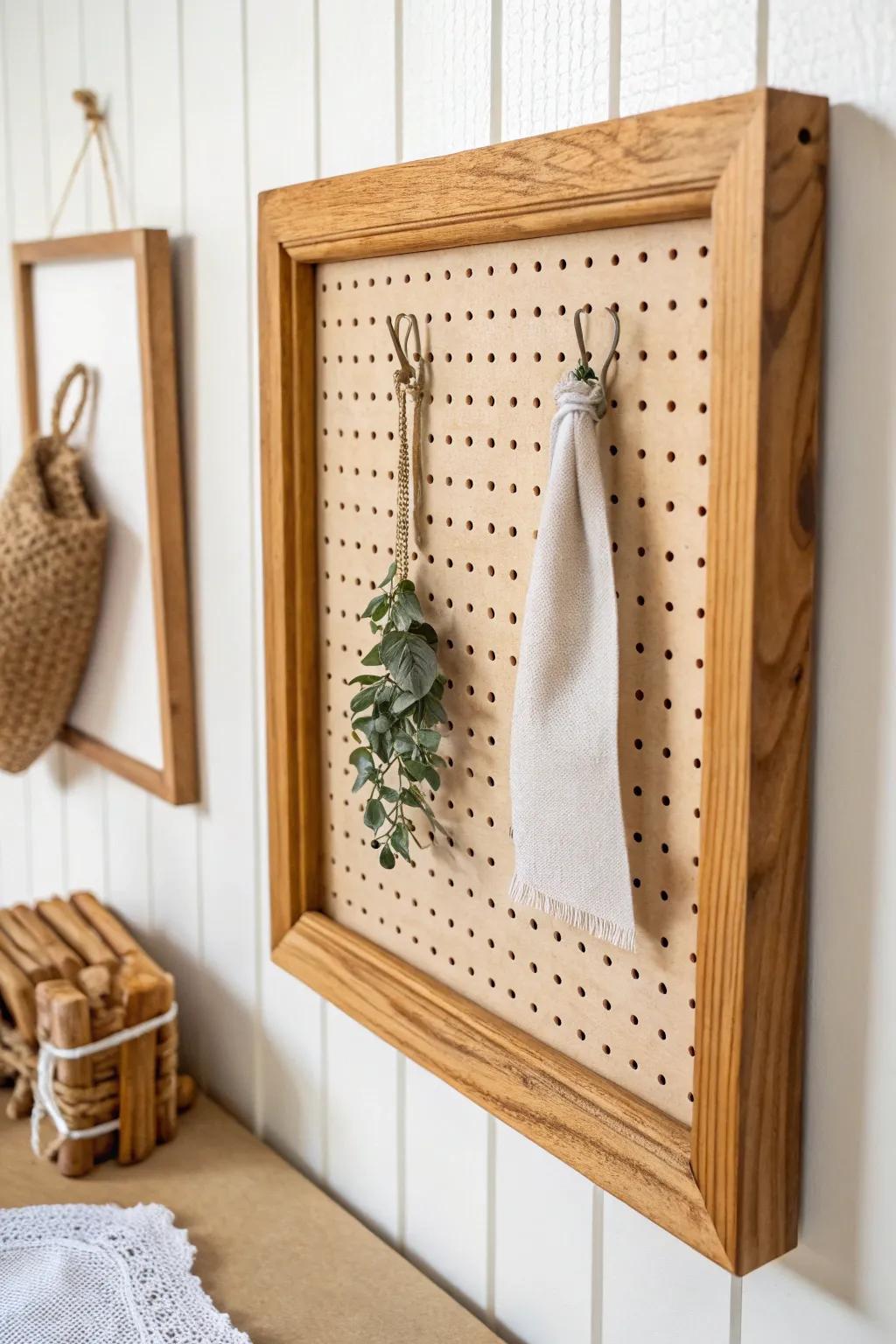 Farmhouse framed pegboard art—warm rustic wood, soft boho accents, and tidy display.