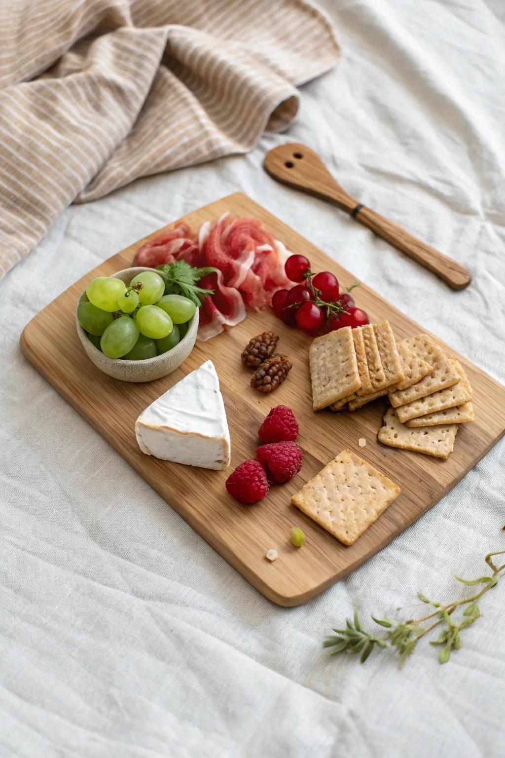 Mini personal picnic charcuterie board on oak—pretty, tidy, and perfect for groups.