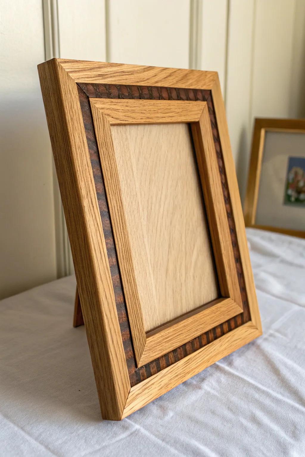Stained oak frame with sleek walnut inlay—minimal, custom contrast for any wall home.