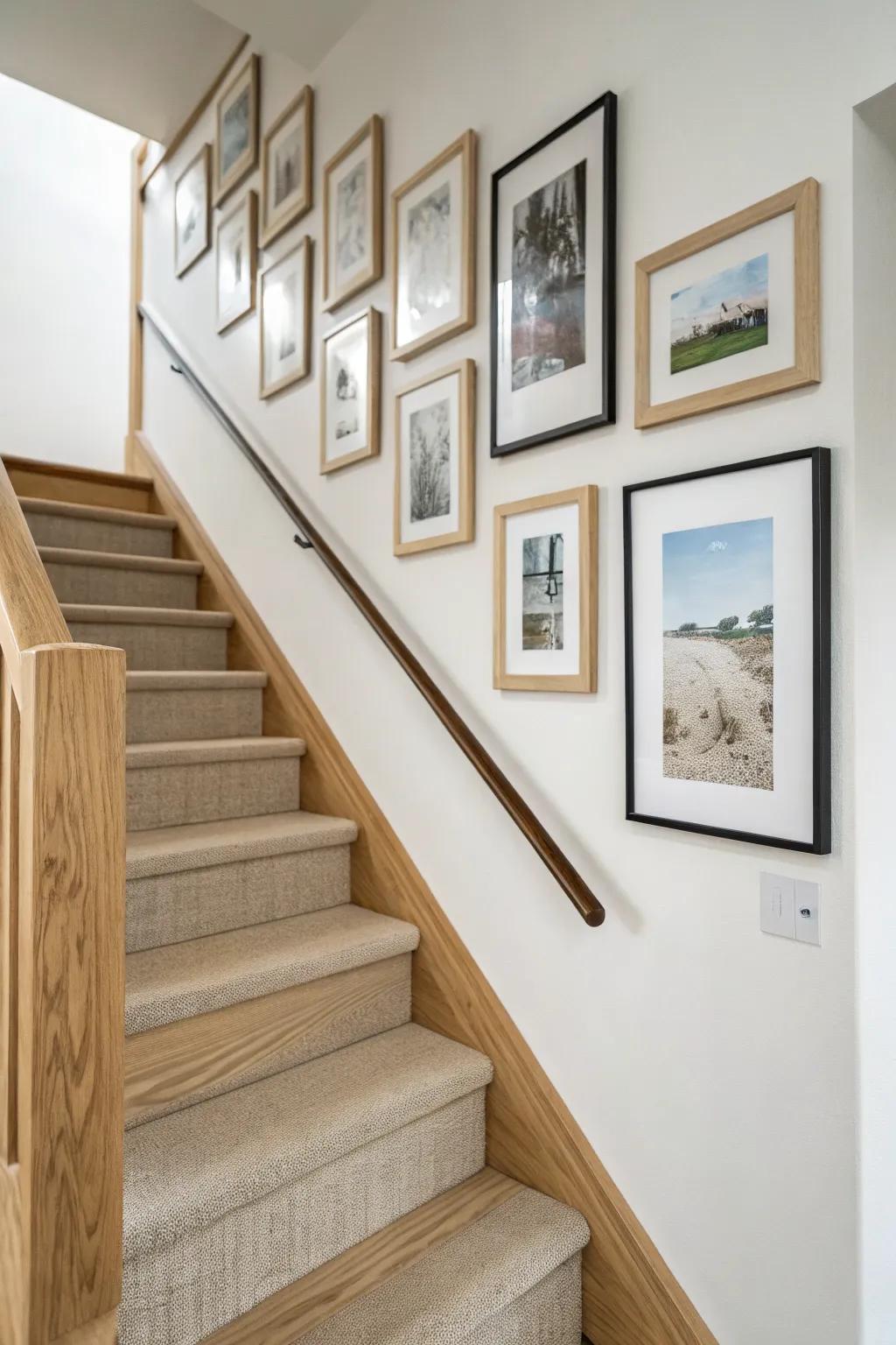 Let your staircase rise into a warm oak frame gallery—plan the layout with paper templates first.