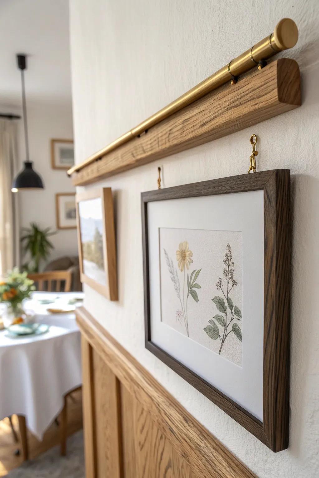 Swap seasonal dining-room prints in minutes with an oak picture rail—fresh art, zero wall patching.