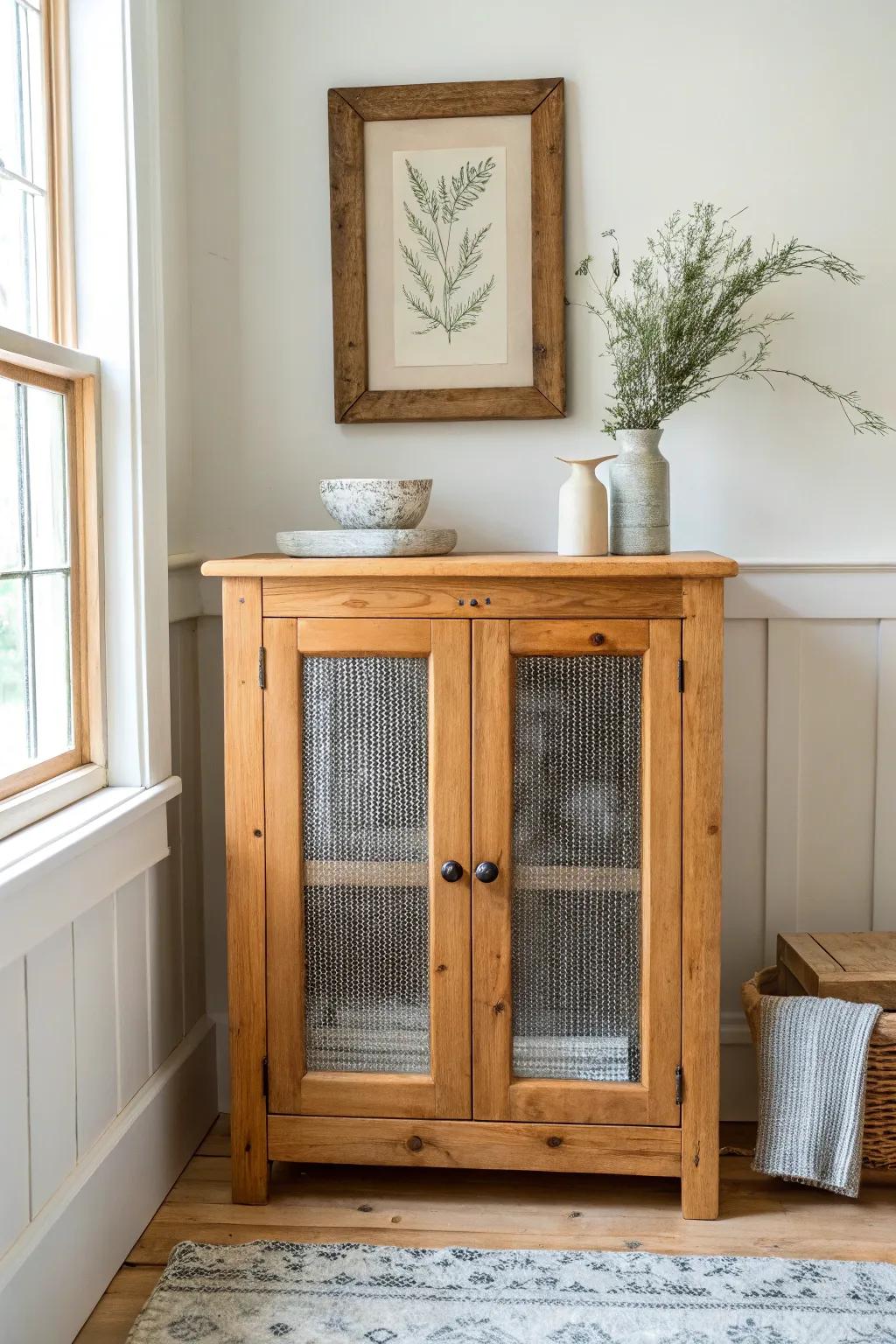 A simple pie safe top vignette: tall art, a neutral crock, and stacked boards for warmth.