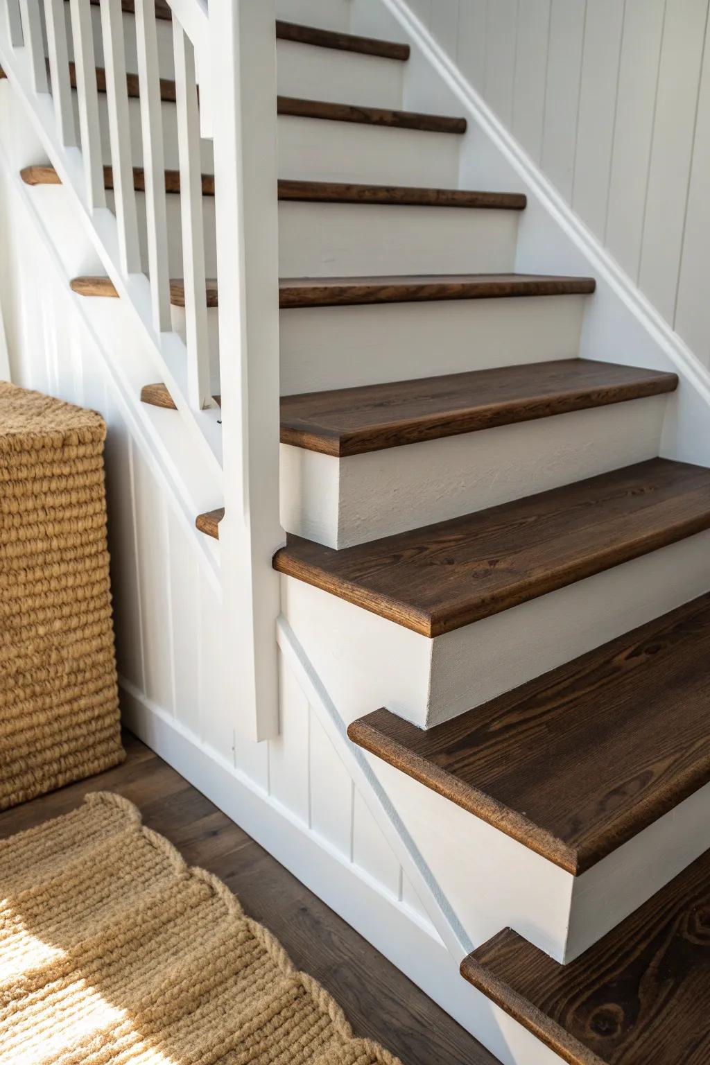 Dark-stained pine treads against crisp white for a bold, elevated contrast in bright spaces.