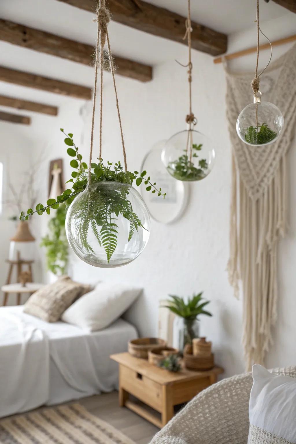 Elevate your space with enchanting hanging glass balls for a touch of floating greenery.