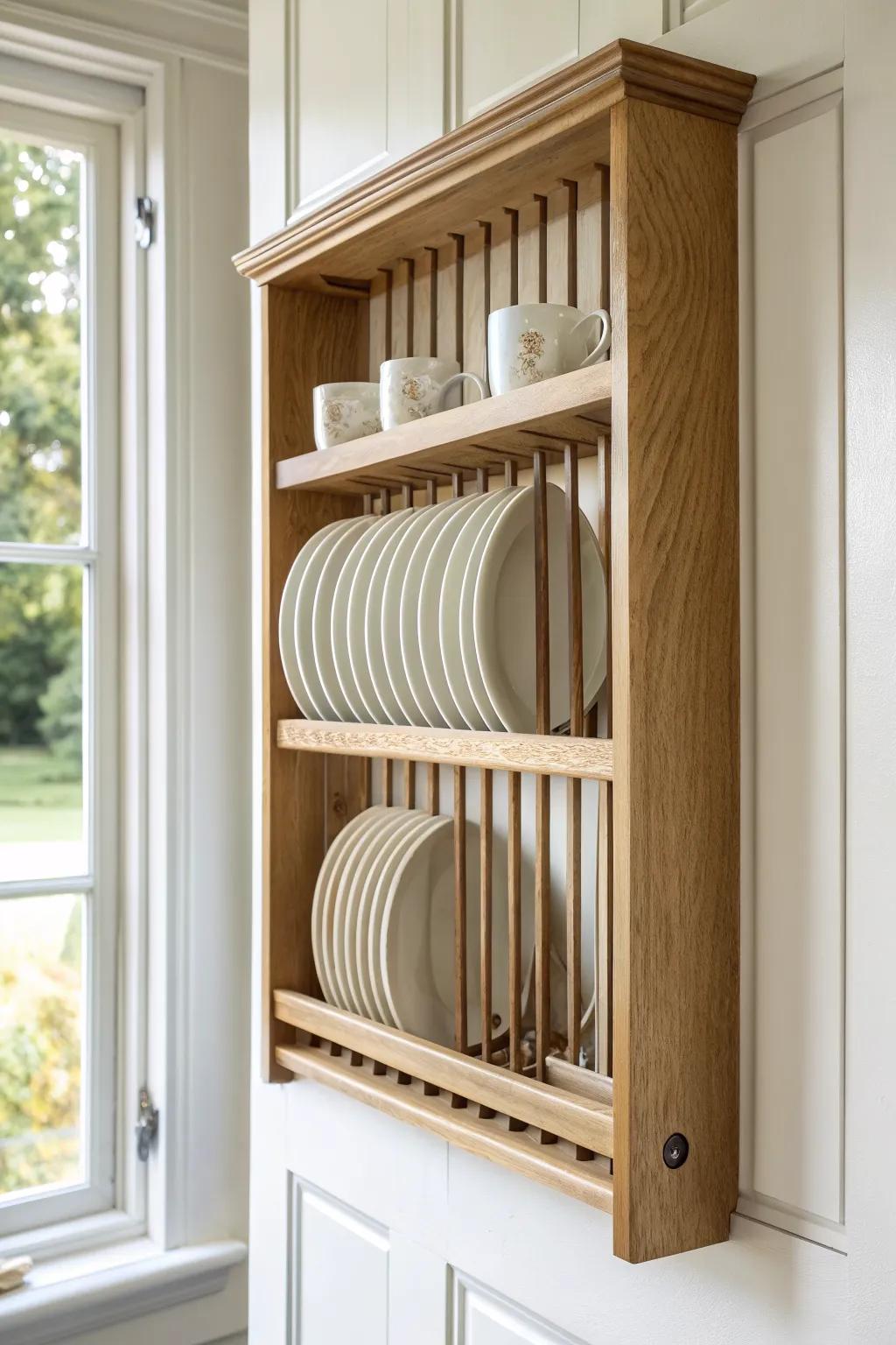 Ultra-shallow behind-the-door rack: vertical plates, warm wood, zero wasted space.