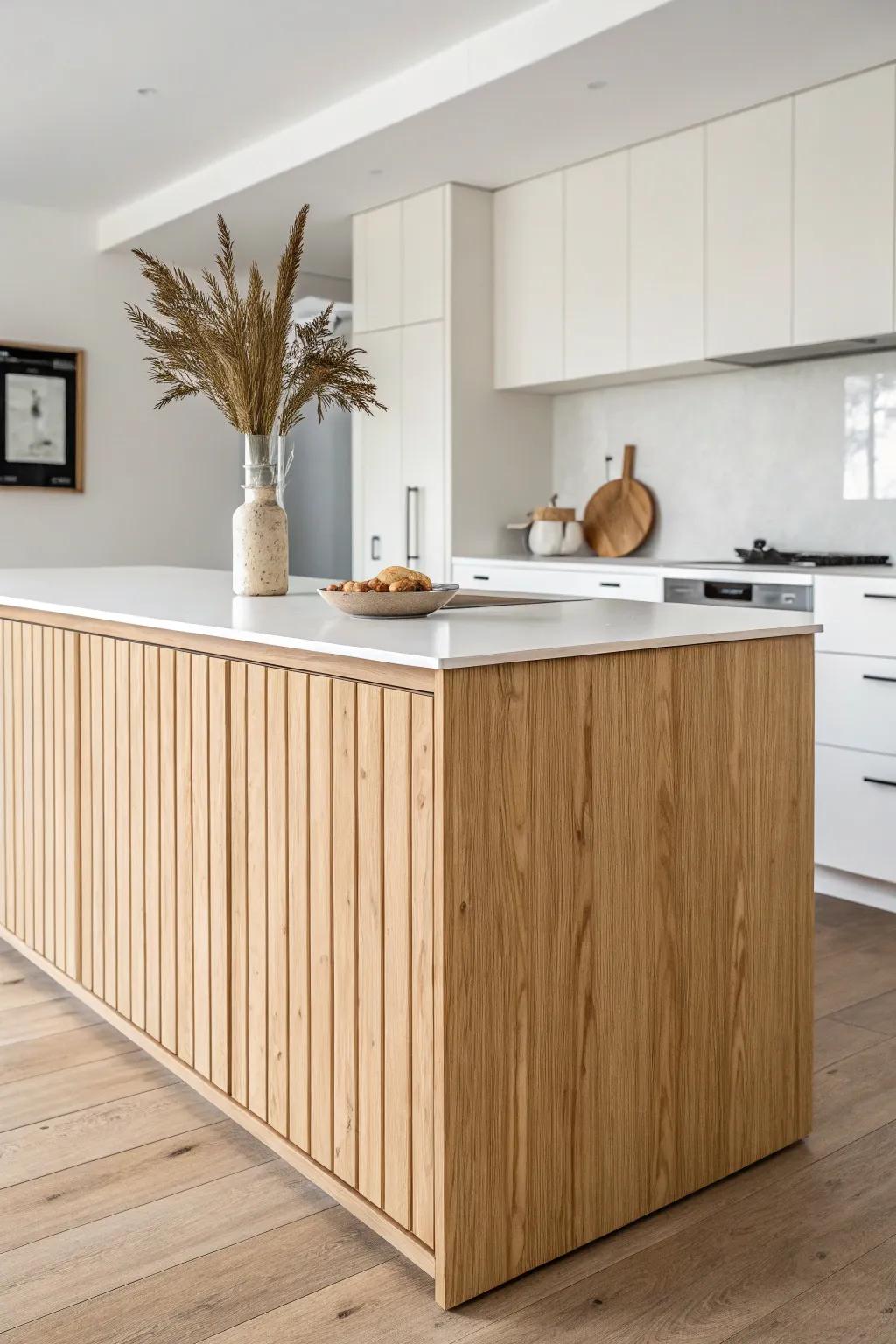 Plywood-wrapped kitchen island for a warm, modern woodbox look—simple, crafted, timeless.