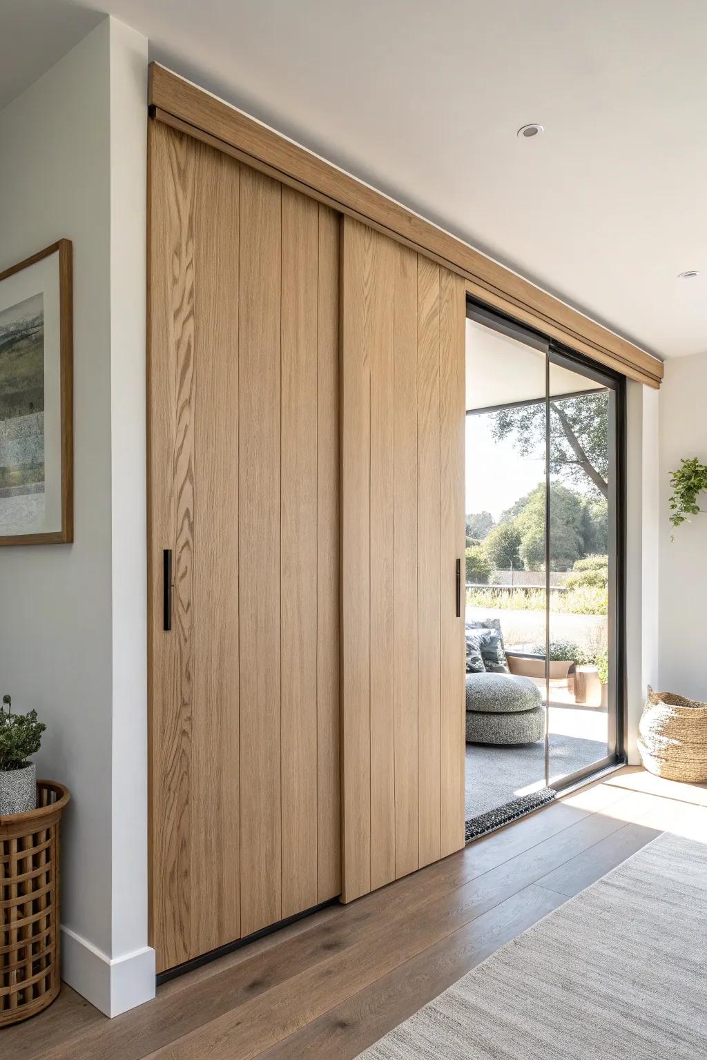 Minimal hidden-track sliding door: clean lines, warm oak grain, and a modern pocket-door look.