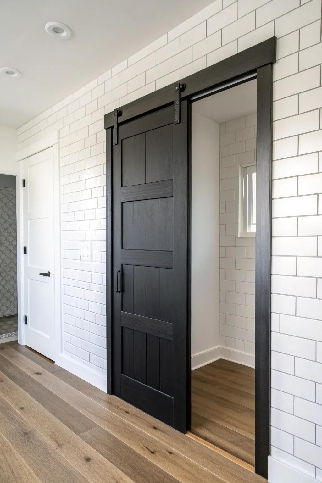 Crisp black pocket door adds dramatic contrast and a crafted, space-saving touch to bath.