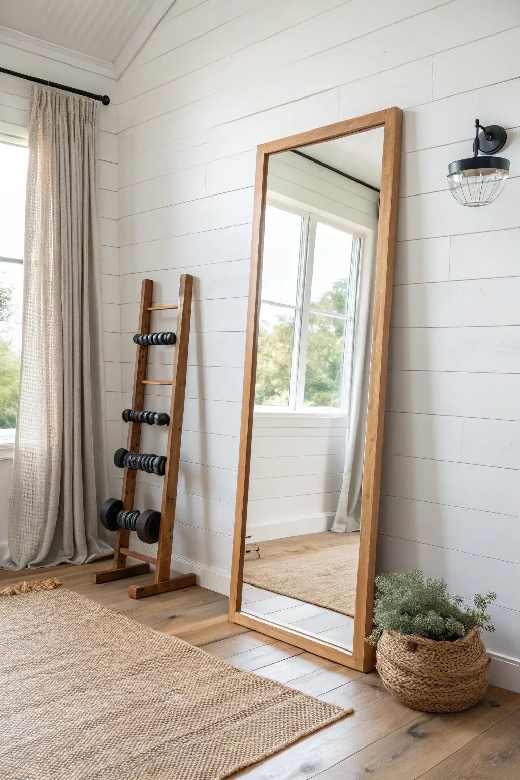 A wall-sized mirror with oak trim brings polish and perfect form checks to your pole barn gym.