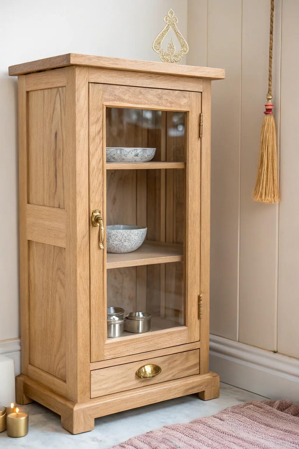 A glass-front mandir keeps idols visible and dust-free—clean lines, calm light, easy care.