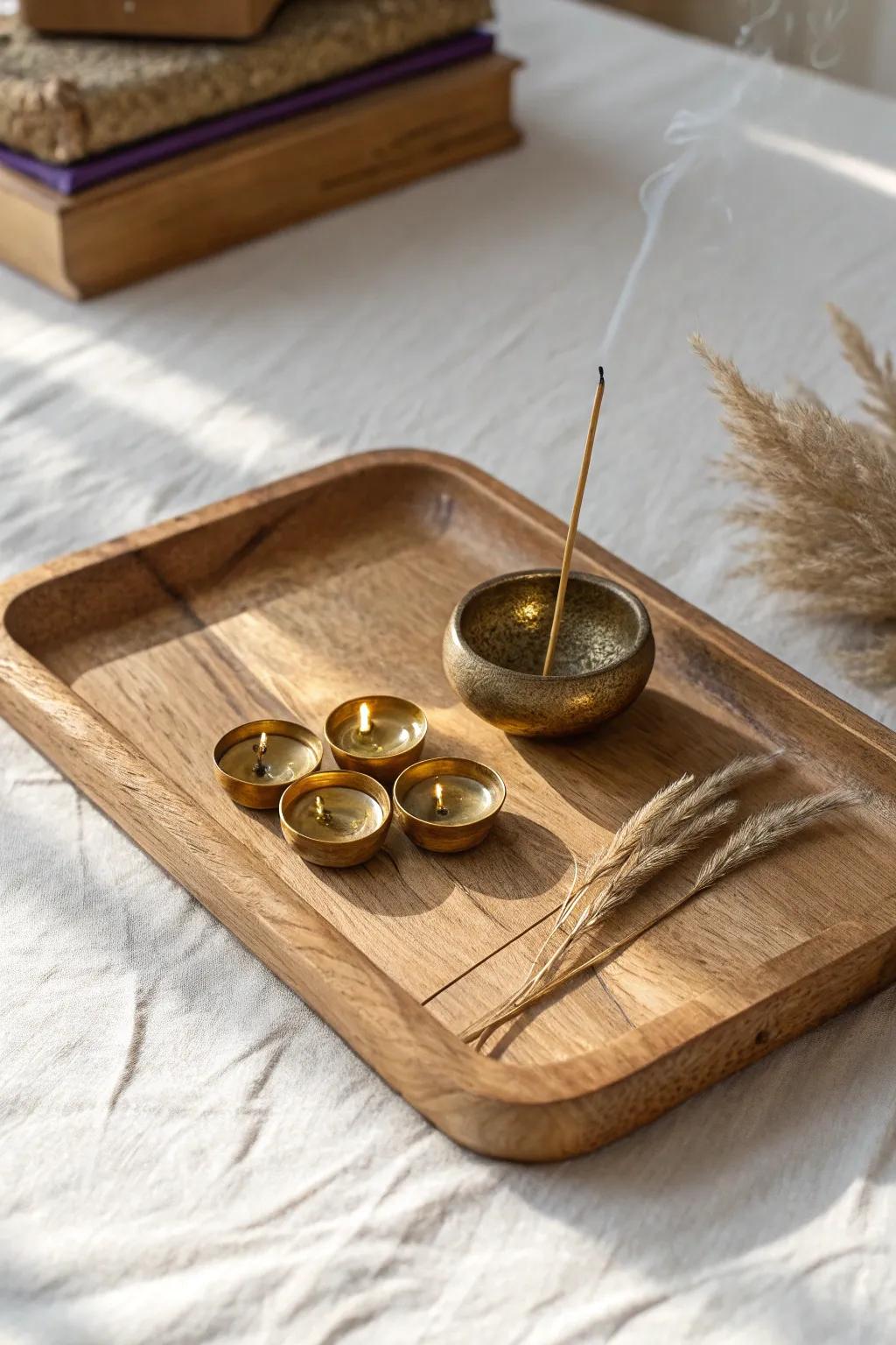 Brass diyas grouped on a warm wooden tray—simple, moveable, and instantly luxe.