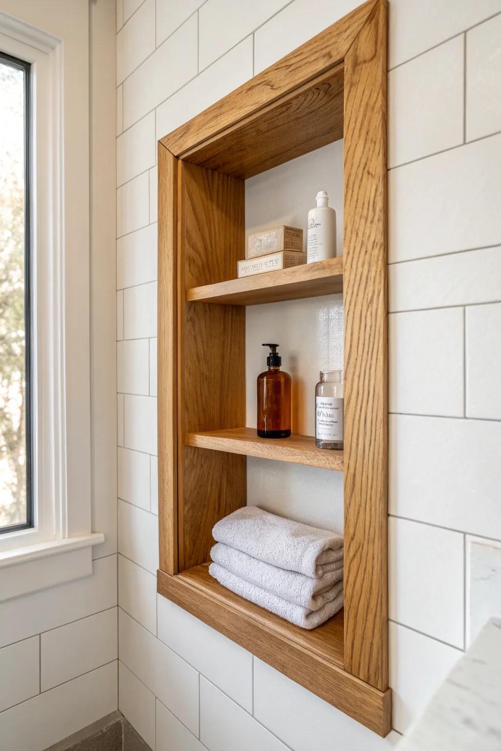 Recessed oak-trim niche: powder room storage that disappears into the wall beautifully.