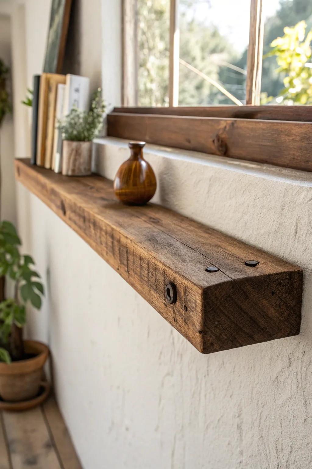 Dark-stained rough-sawn ledge shelf with a tiny lip—aged wood charm for collected decor.