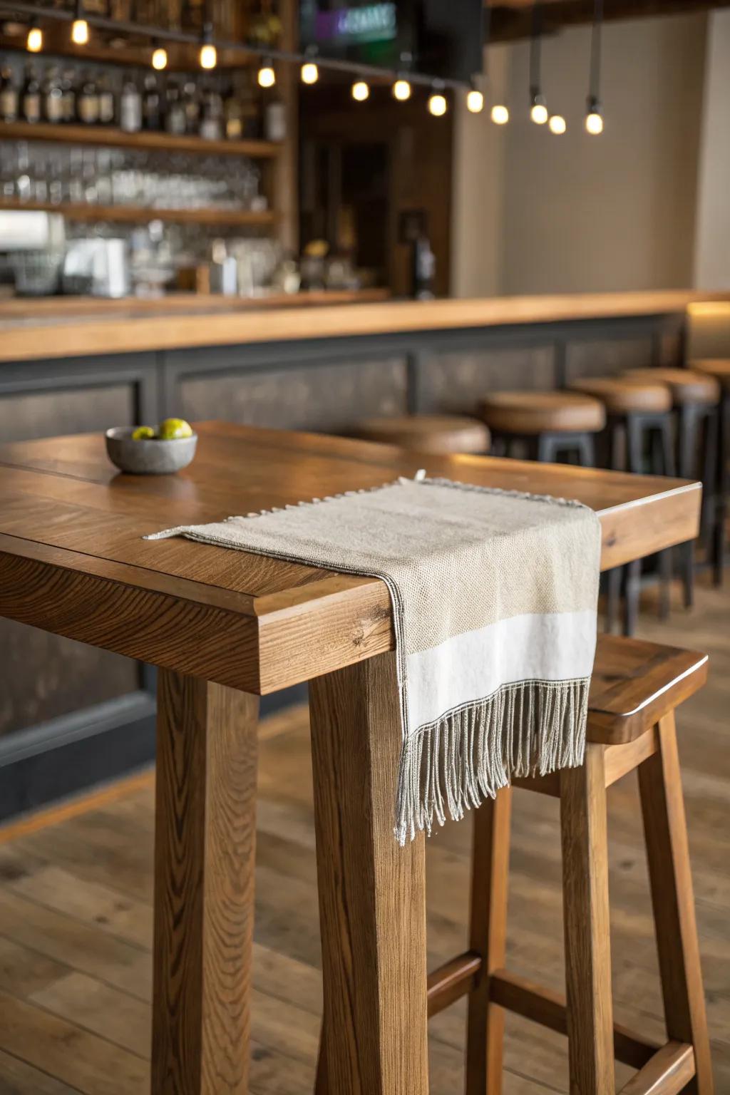 A sturdy high-top table with thick oak and beefy legs—instant social energy, zero wobble.