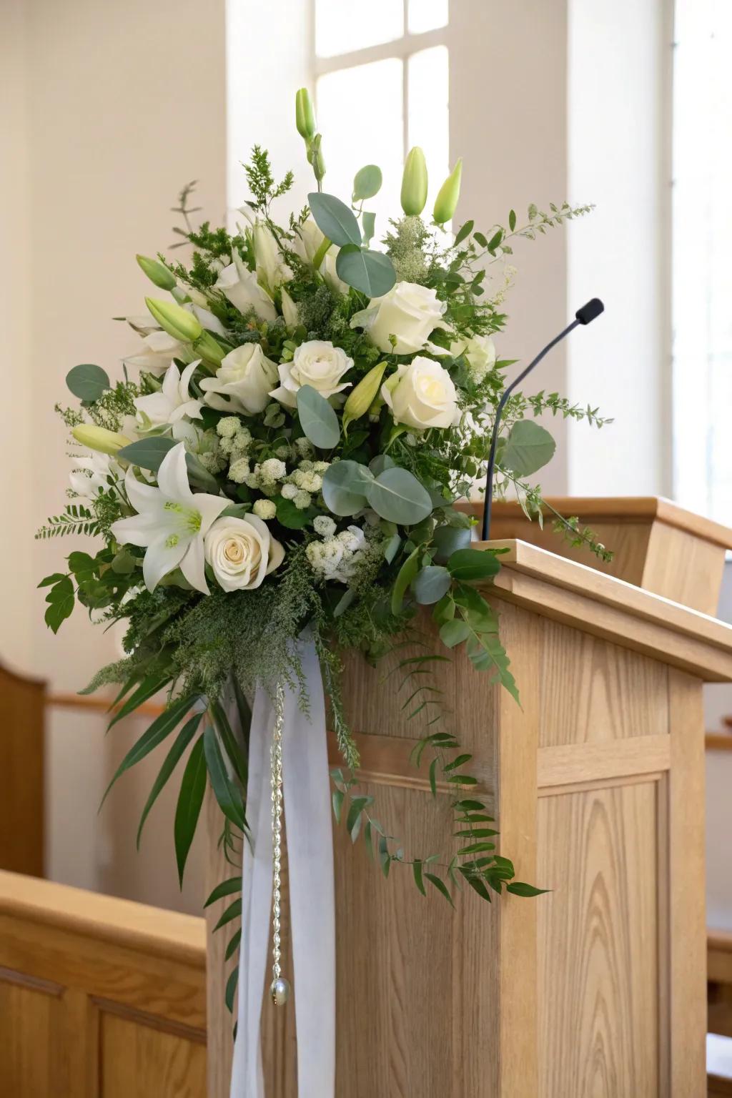 Soft white blooms and eucalyptus on warm oak—minimal, calming pulpit memorial spray.
